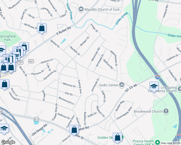 map of restaurants, bars, coffee shops, grocery stores, and more near 402 Bethel Drive in Mauldin