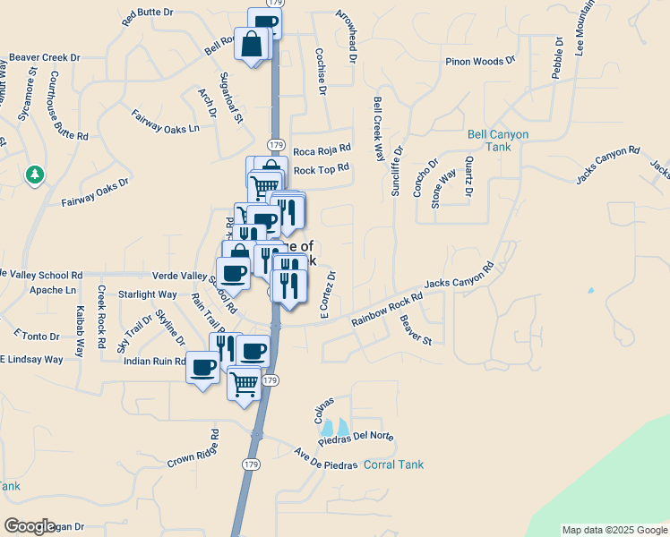 map of restaurants, bars, coffee shops, grocery stores, and more near 110 East Cortez Drive in Sedona