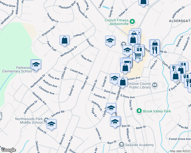 map of restaurants, bars, coffee shops, grocery stores, and more near 909 Vernon Drive in Jacksonville