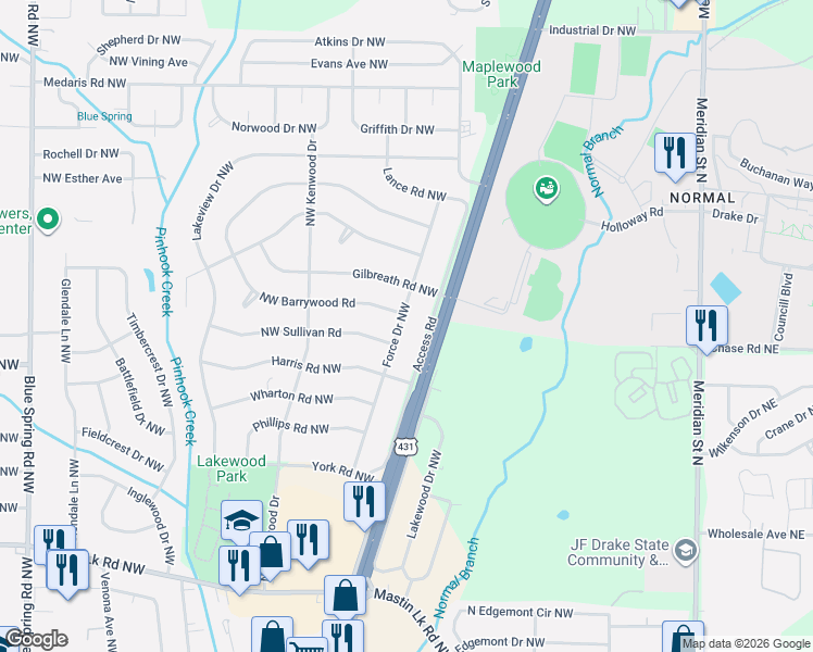map of restaurants, bars, coffee shops, grocery stores, and more near 4200 Force Drive Northwest in Huntsville