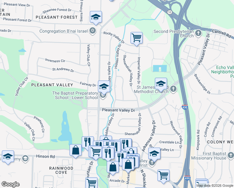 map of restaurants, bars, coffee shops, grocery stores, and more near 2803 Hidden Valley Drive in Little Rock