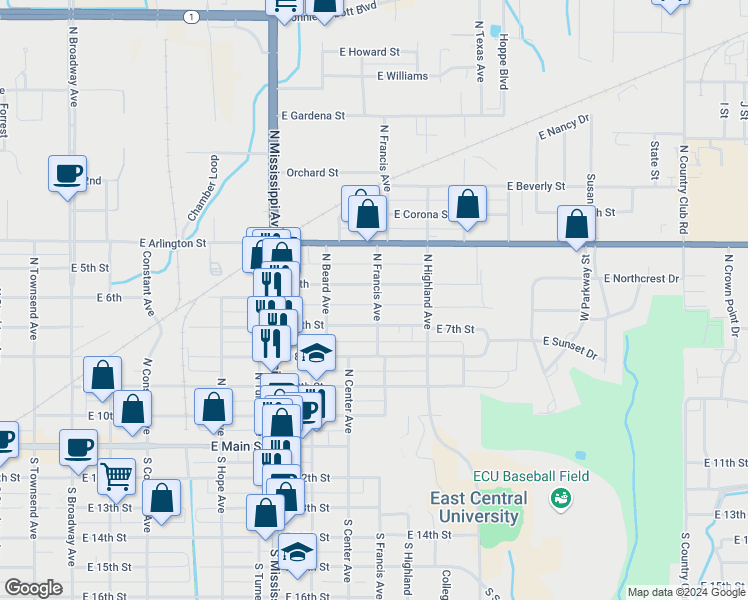 map of restaurants, bars, coffee shops, grocery stores, and more near 838 East 7th Street in Ada
