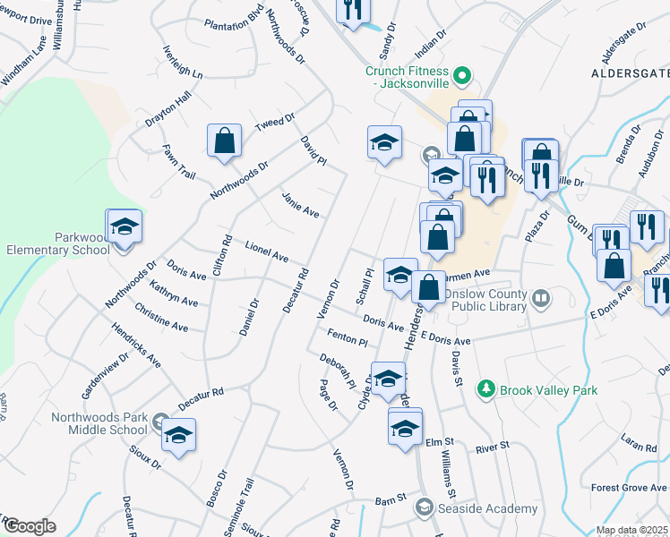 map of restaurants, bars, coffee shops, grocery stores, and more near 909 Vernon Drive in Jacksonville
