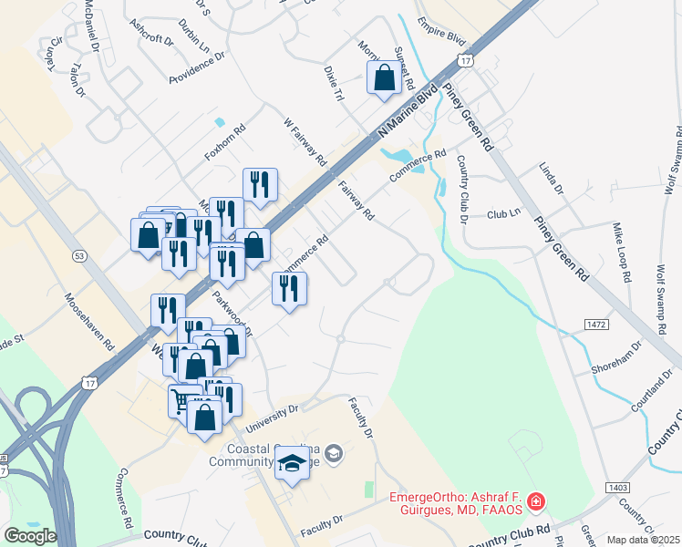 map of restaurants, bars, coffee shops, grocery stores, and more near 129 Marlene Drive in Jacksonville