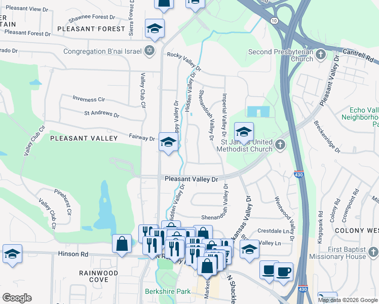 map of restaurants, bars, coffee shops, grocery stores, and more near 2925 Hidden Valley Drive in Little Rock