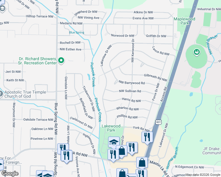 map of restaurants, bars, coffee shops, grocery stores, and more near 2219 Barrywood Circle Northwest in Huntsville