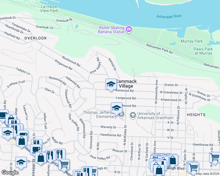 map of restaurants, bars, coffee shops, grocery stores, and more near 6615 Greenwood Road in Little Rock