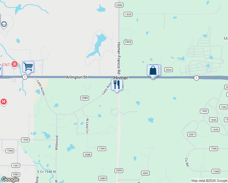 map of restaurants, bars, coffee shops, grocery stores, and more near 18915 County Road 1542 in Ada