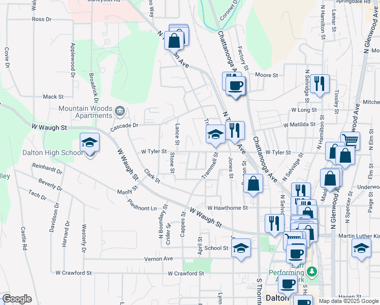 map of restaurants, bars, coffee shops, grocery stores, and more near 708 Lance Street in Dalton