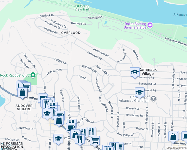 map of restaurants, bars, coffee shops, grocery stores, and more near 7020 Richwood Road in Little Rock