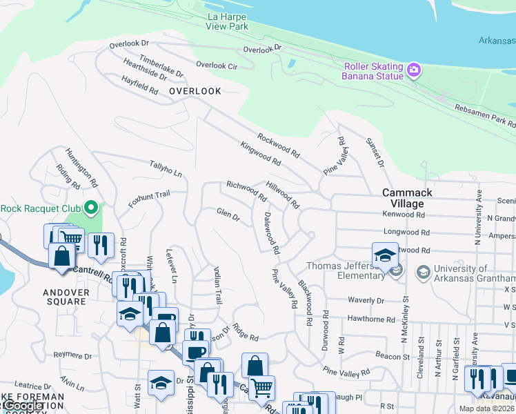 map of restaurants, bars, coffee shops, grocery stores, and more near 7020 Richwood Road in Little Rock