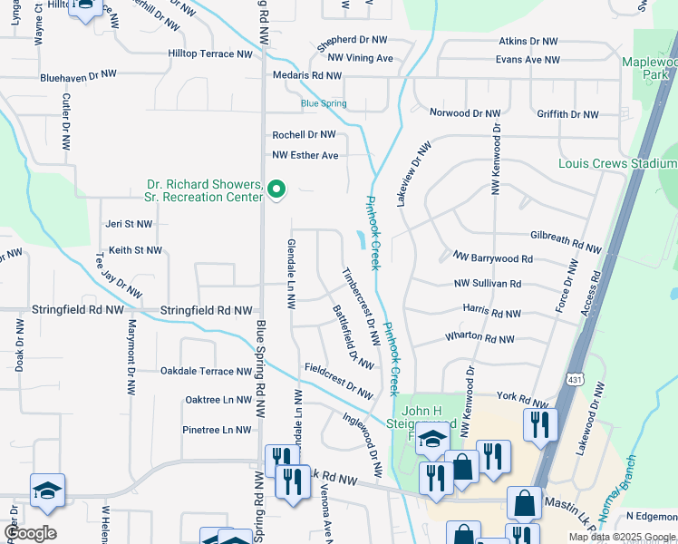 map of restaurants, bars, coffee shops, grocery stores, and more near 3903 Timbercrest Drive Northwest in Huntsville