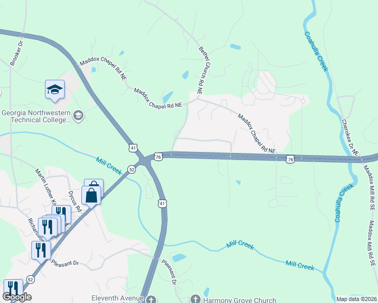 map of restaurants, bars, coffee shops, grocery stores, and more near 3279 Chatsworth Road Southeast in Dalton