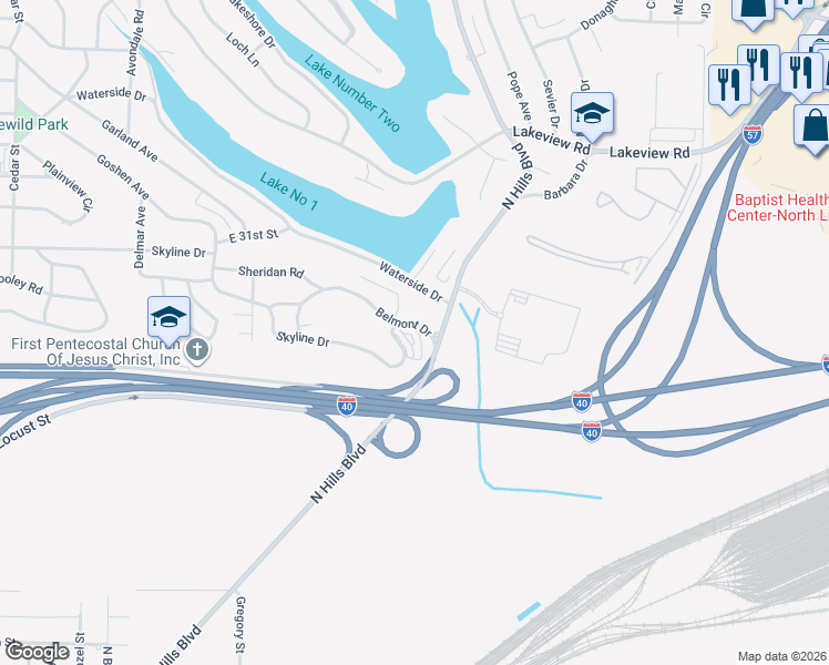 map of restaurants, bars, coffee shops, grocery stores, and more near 1701 Skyline Drive in North Little Rock