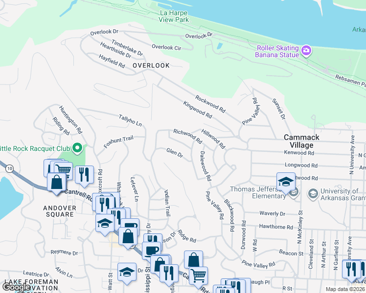 map of restaurants, bars, coffee shops, grocery stores, and more near 108 Jewell Road in Little Rock