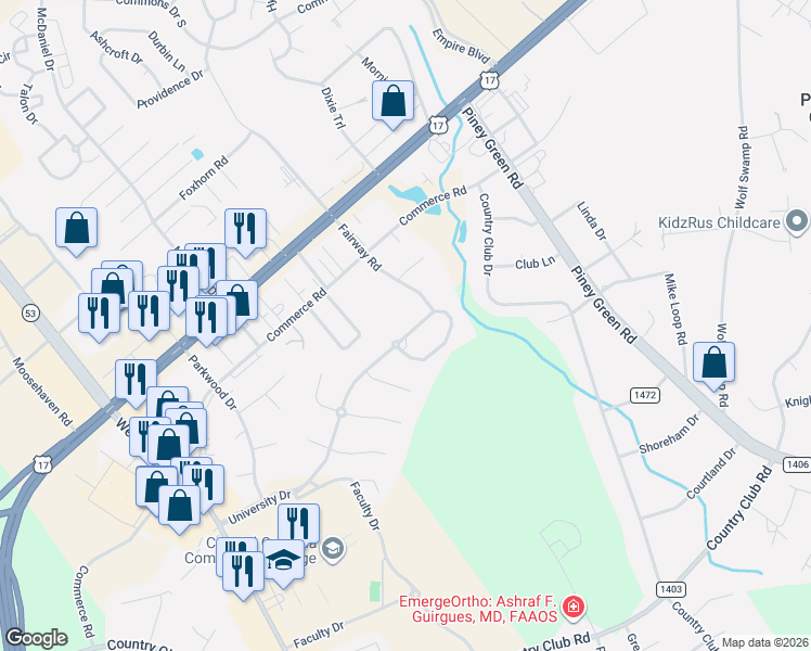 map of restaurants, bars, coffee shops, grocery stores, and more near 419 University Drive in Jacksonville