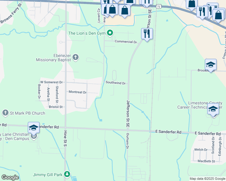 map of restaurants, bars, coffee shops, grocery stores, and more near 209 Southwind Drive in Athens