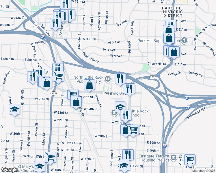 map of restaurants, bars, coffee shops, grocery stores, and more near in North Little Rock