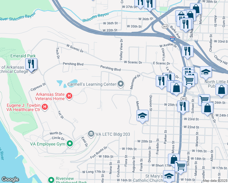 map of restaurants, bars, coffee shops, grocery stores, and more near 9 Lori Lane in North Little Rock