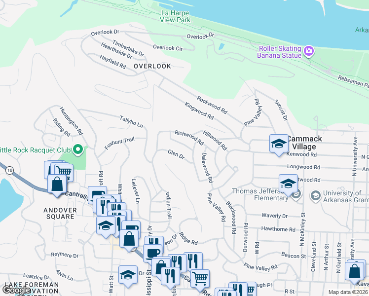 map of restaurants, bars, coffee shops, grocery stores, and more near 108 Jewell Road in Little Rock