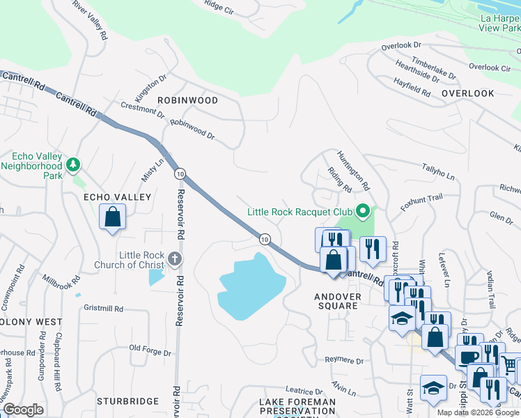 map of restaurants, bars, coffee shops, grocery stores, and more near 14 Ridgeview Court in Little Rock