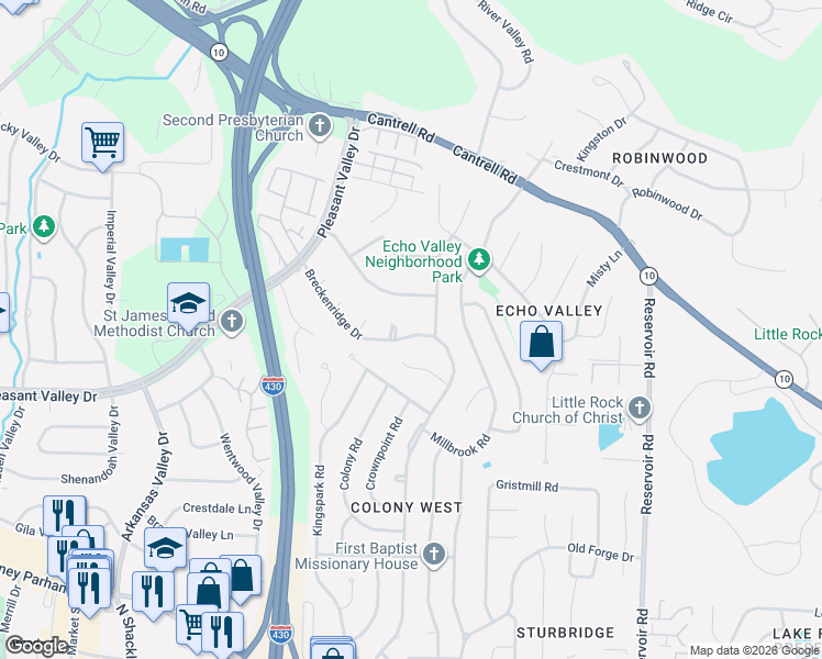 map of restaurants, bars, coffee shops, grocery stores, and more near 23 Kings Arms Road in Little Rock