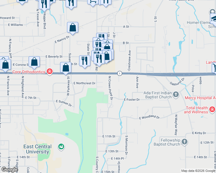 map of restaurants, bars, coffee shops, grocery stores, and more near 1830 East 6th Street in Ada