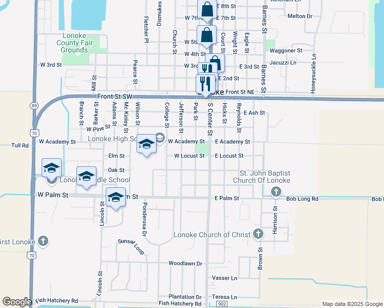 map of restaurants, bars, coffee shops, grocery stores, and more near 418 Park Street in Lonoke