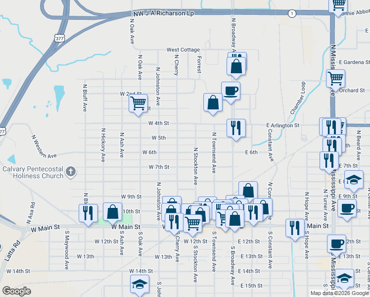 map of restaurants, bars, coffee shops, grocery stores, and more near 311 West 5th Street in Ada