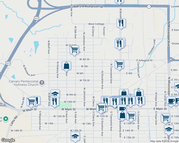 map of restaurants, bars, coffee shops, grocery stores, and more near 617 North Cherry Avenue in Ada