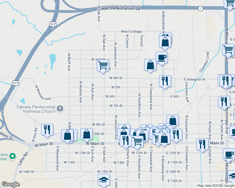 map of restaurants, bars, coffee shops, grocery stores, and more near 503 West 5th Street in Ada
