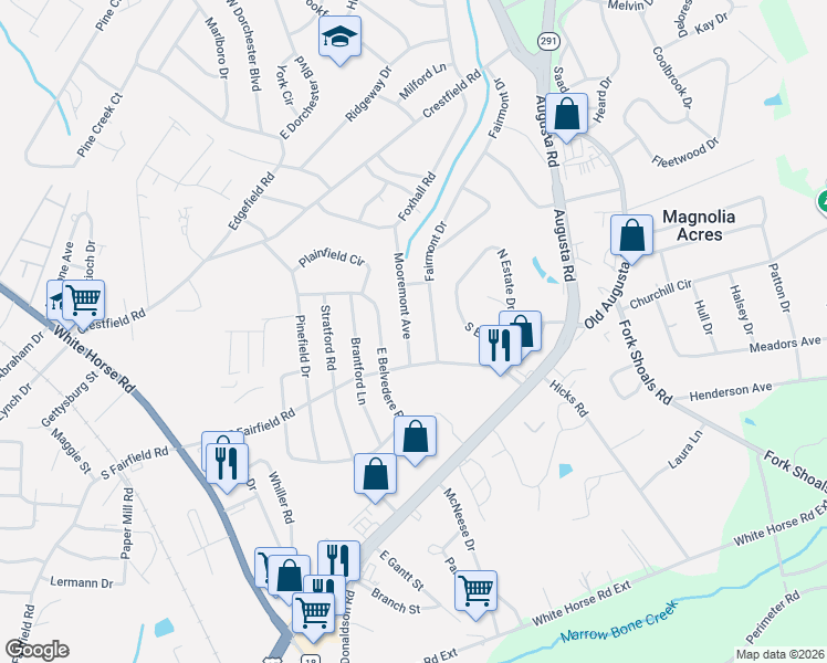 map of restaurants, bars, coffee shops, grocery stores, and more near 418 Fairmont Drive in Greenville
