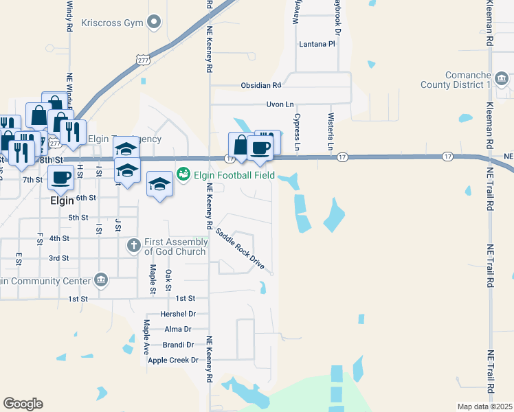 map of restaurants, bars, coffee shops, grocery stores, and more near 1613 Northeast White Rock Drive in Elgin