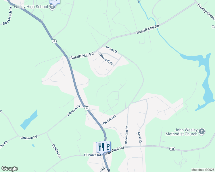 map of restaurants, bars, coffee shops, grocery stores, and more near 125 Wickersham Way in Easley