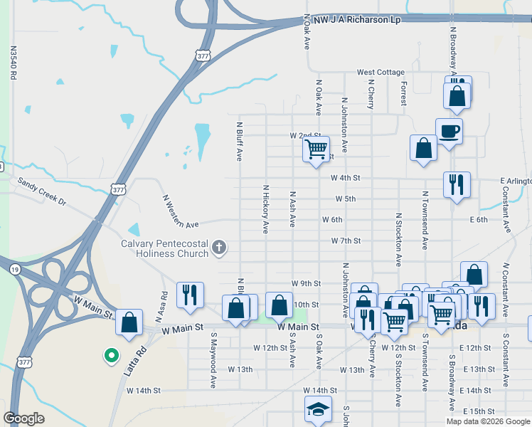 map of restaurants, bars, coffee shops, grocery stores, and more near 631 North Hickory Avenue in Ada
