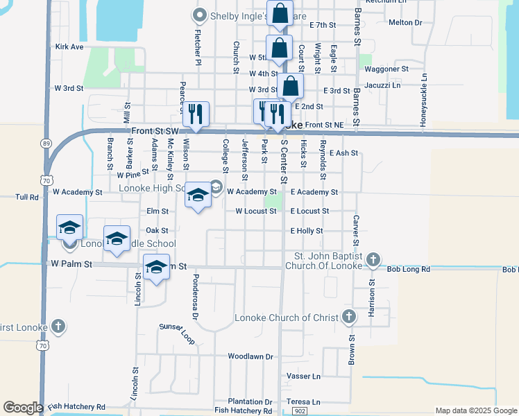 map of restaurants, bars, coffee shops, grocery stores, and more near 418 Park Street in Lonoke