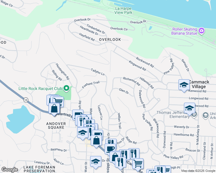 map of restaurants, bars, coffee shops, grocery stores, and more near 51 Tallyho Lane in Little Rock