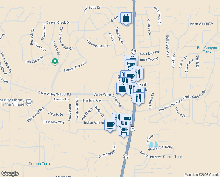 map of restaurants, bars, coffee shops, grocery stores, and more near 115 Castle Rock Road in Sedona