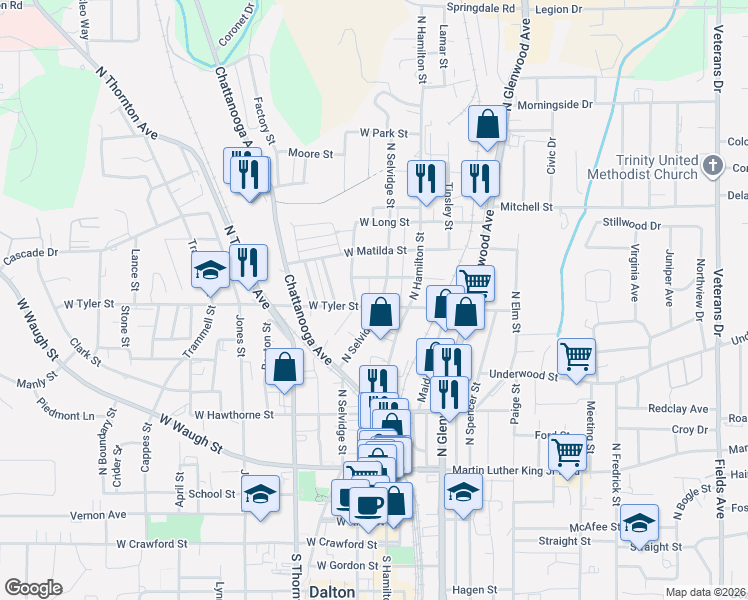 map of restaurants, bars, coffee shops, grocery stores, and more near 606 Luckie Street in Dalton