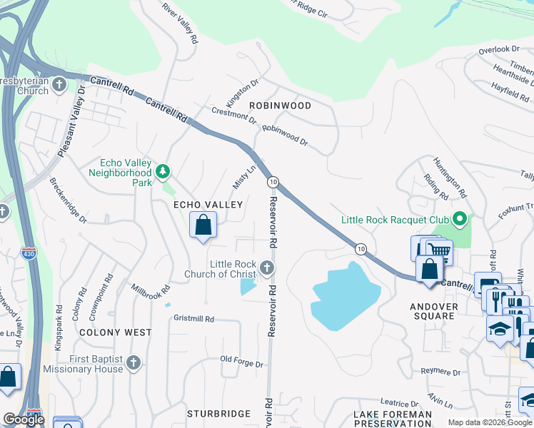 map of restaurants, bars, coffee shops, grocery stores, and more near 3012 Reservoir Road in Little Rock