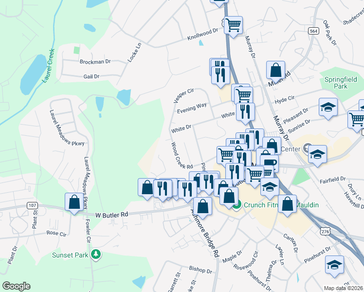 map of restaurants, bars, coffee shops, grocery stores, and more near 111 Teal Lane in Mauldin