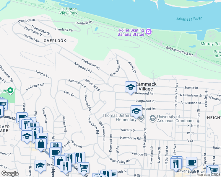 map of restaurants, bars, coffee shops, grocery stores, and more near 1624 Pine Valley Road in Little Rock