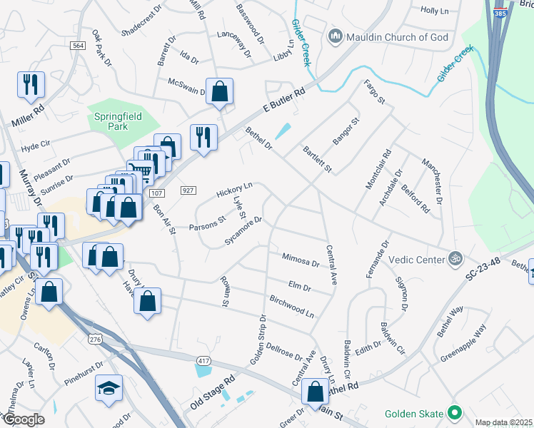 map of restaurants, bars, coffee shops, grocery stores, and more near 205 Sycamore Drive in Mauldin
