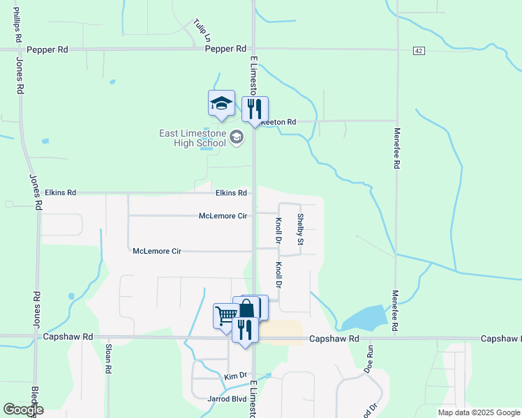 map of restaurants, bars, coffee shops, grocery stores, and more near 15452 East Limestone Road in Harvest