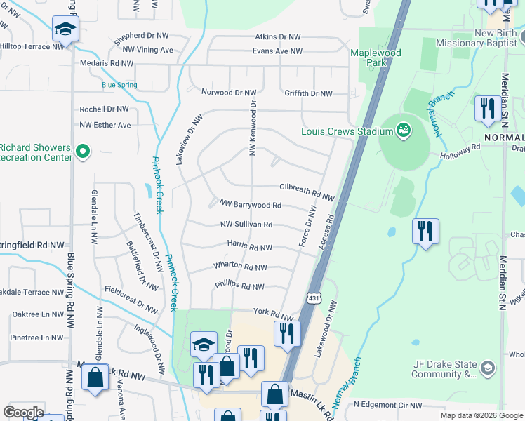 map of restaurants, bars, coffee shops, grocery stores, and more near 4300 Northwest Kenwood Drive in Huntsville