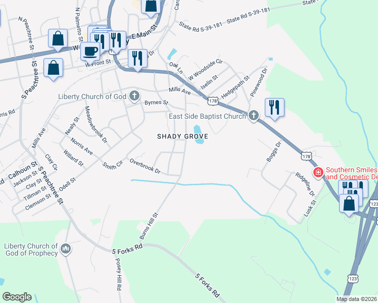 map of restaurants, bars, coffee shops, grocery stores, and more near 215 East Beattie Street in Liberty