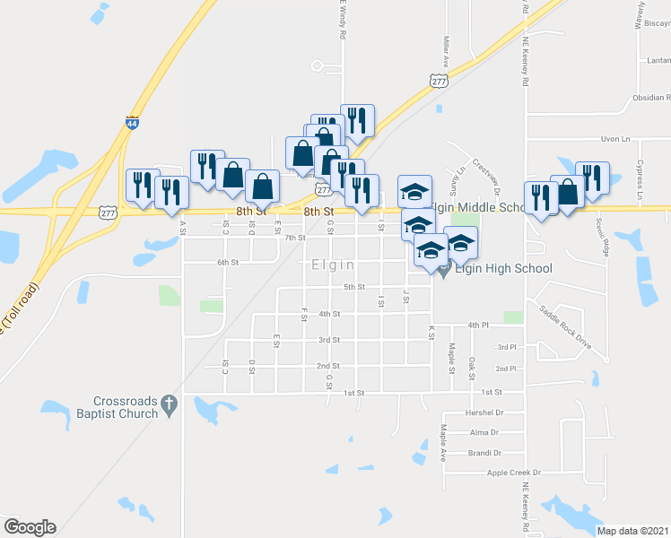 map of restaurants, bars, coffee shops, grocery stores, and more near 6 G Street in Elgin