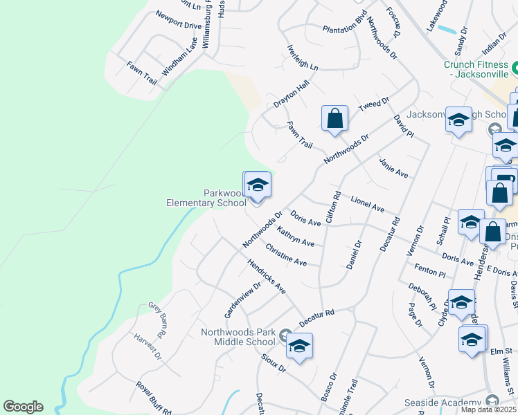 map of restaurants, bars, coffee shops, grocery stores, and more near 2900 Northwoods Drive in Jacksonville