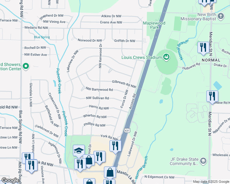 map of restaurants, bars, coffee shops, grocery stores, and more near 2110 Northwest Barrywood Road in Huntsville
