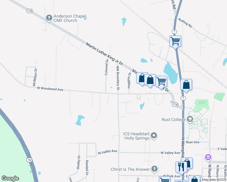 map of restaurants, bars, coffee shops, grocery stores, and more near 408 West Woodward Avenue in Holly Springs